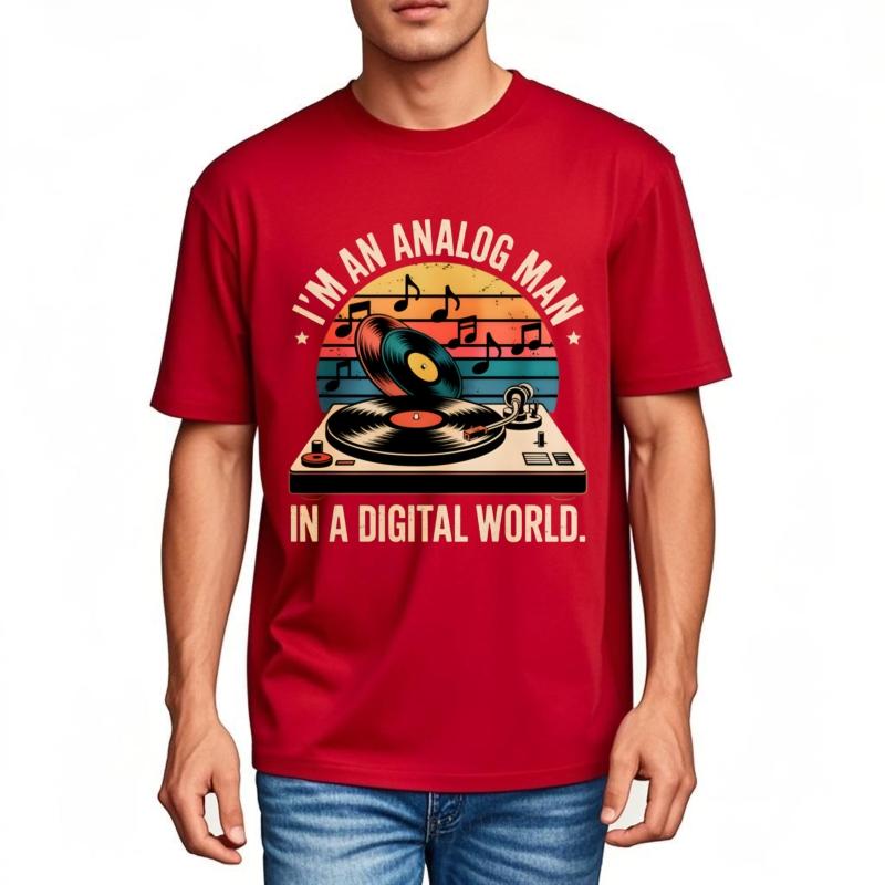 Adult Men O Neck tshirt Brand Analog Man In Digital World Vinyl Record Turntable Music Notes Sunset Background Minimalist