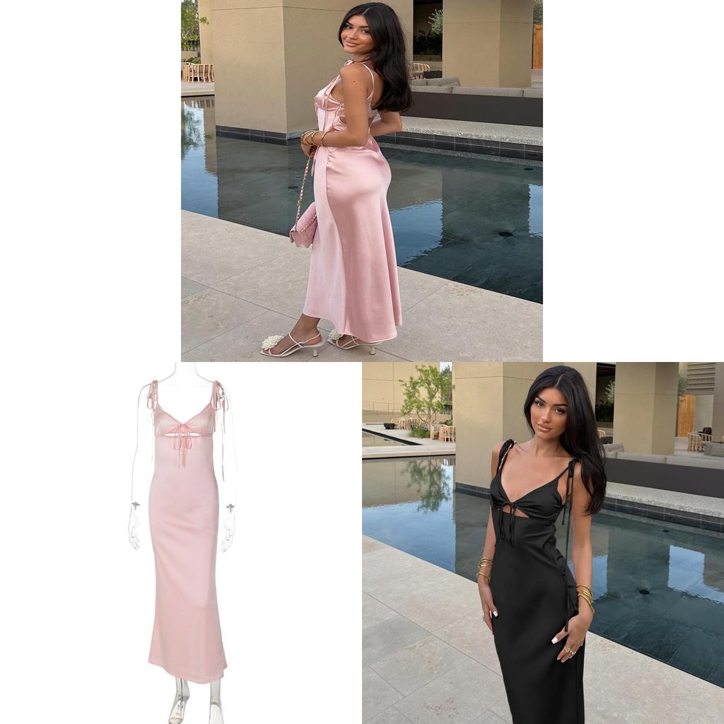 Summer Pink V Neck Slip Dress With Ties For Casual And Party Wear