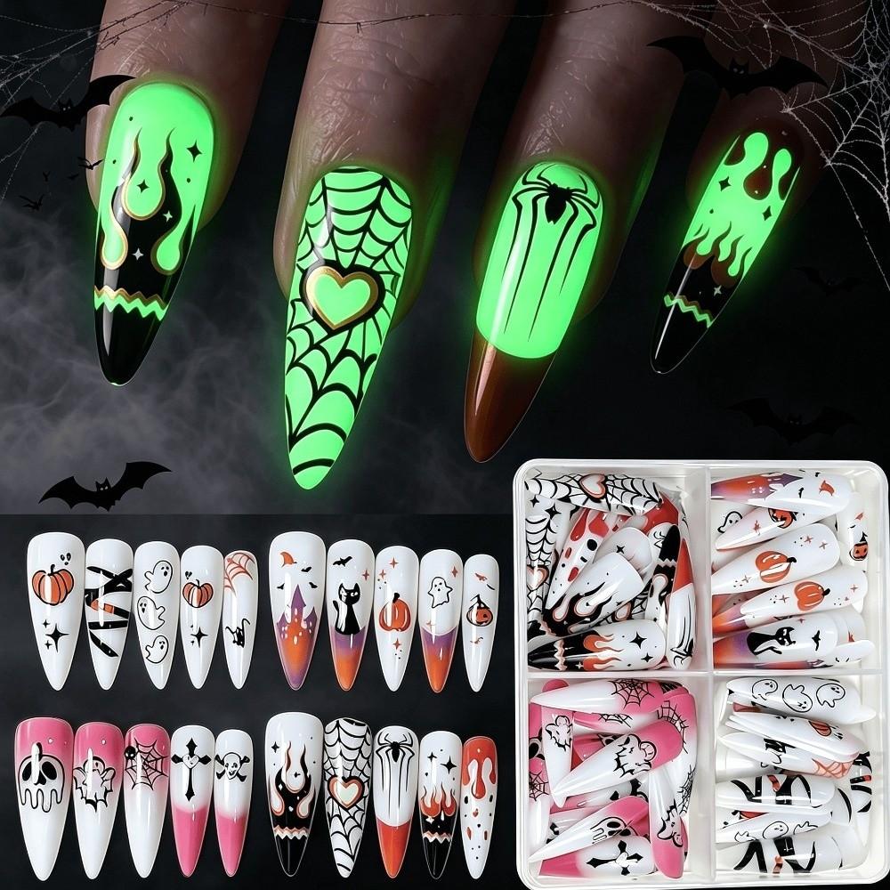 96pcs Glow in Dark Halloween Nails 3D Ghost Pumpkin Skull False Nails Full Cover Fake Nails  Party