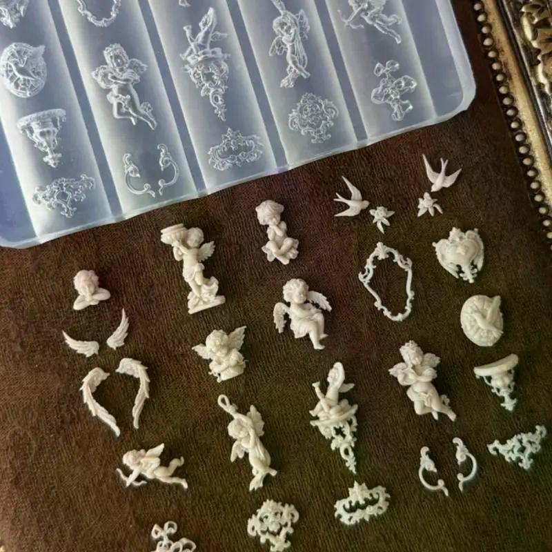 Силиконовые 3D-трафареты для ногтей - Ангел, Часы, Замок-Сердце, Штамповочные пластины для DIY-дизайна ногтей, Инструменты для маникюра