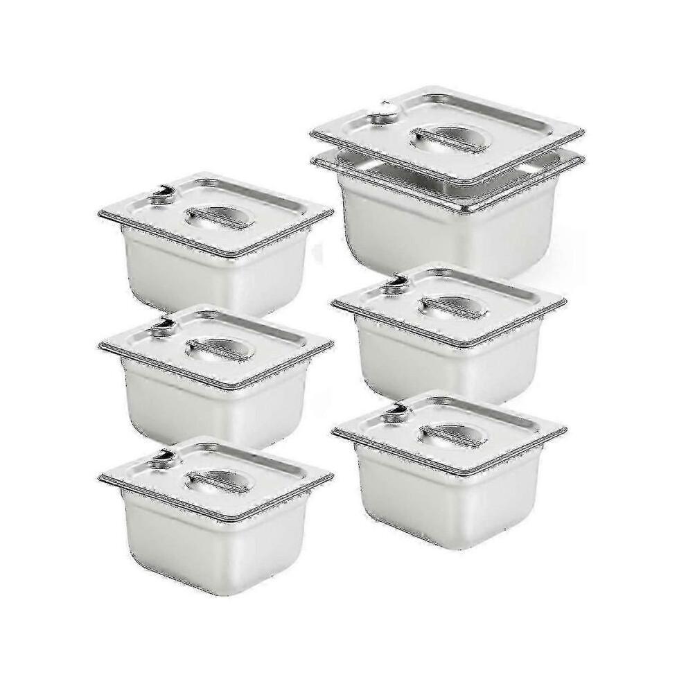 6 Pack Anti-jam Slotted Hotel Pans with , 1/6 Size 4 Inch Deep, Commercial 18/8 Stainless Steel Tab Hy Hwy less