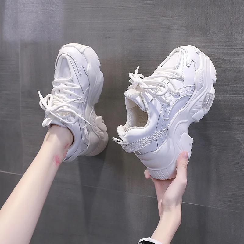2024 Белые Черные Массивные Кроссовки Женские Весна Осень Толстая Подошва Папьи Туфли Женские Модные Кроссовки Из Искусственной Кожи На Платформе Женские