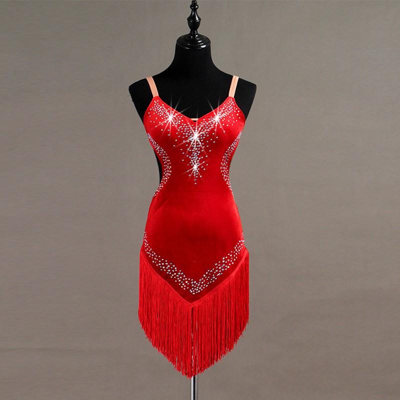 Velvet Spaghetti Strap Latin Dance Dress With Fringe Women Stage Performance Competition Costume