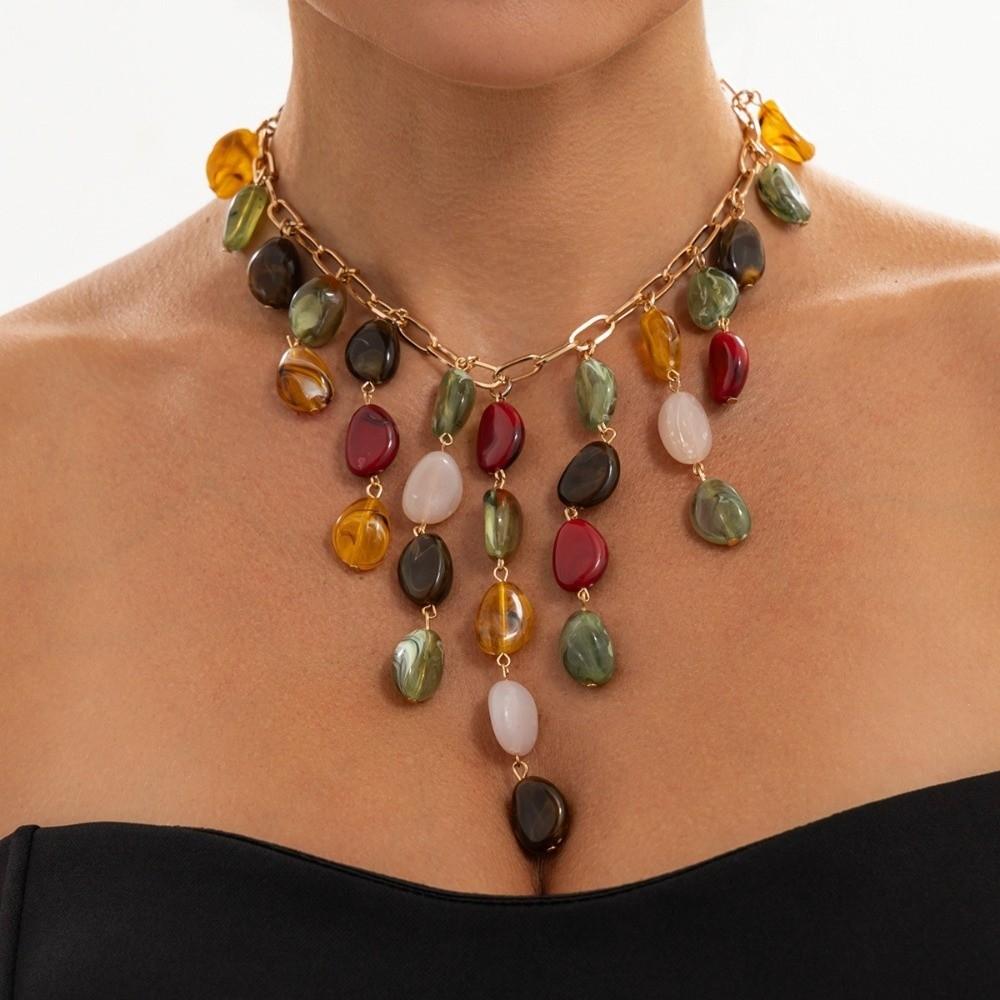 Multicolor Tassel Pendant Necklace Metal Chain Statement Drop Necklace Beach Party