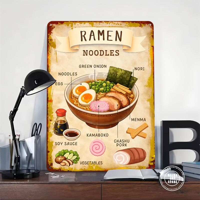 Ramen Noodles With Ingredients Printed Poster Customized Wall Art Retro Vintage Metal Tin Signs for Aesthetic Room Decor Men
