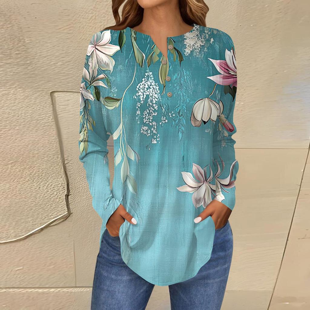 Модная свободная футболка с длинным рукавом и цветочным принтом на пуговицах, топ-пуловер