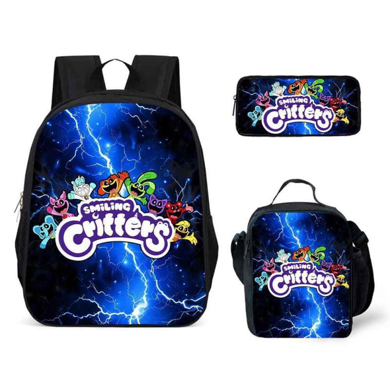 Kids School Backpack Set With Cartoon Smiling Creatures - 3-Piece Oxford Fabric Bag Elementary Students