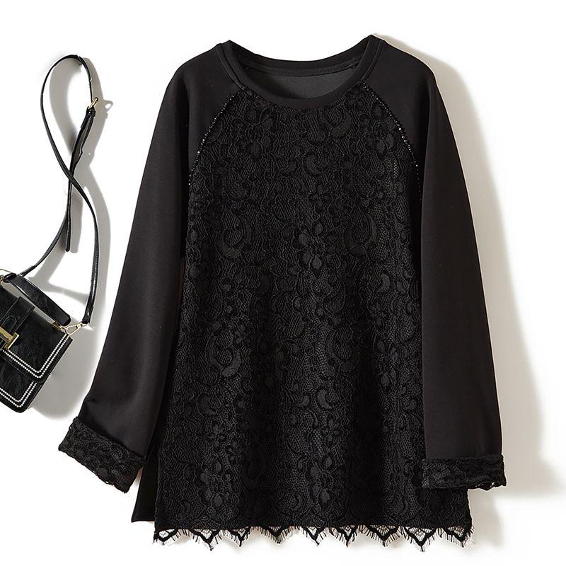 Artistic Style Female Fake Two-Piece Ponte De Roma Long Sleeves Raglan Sleeve Cocoon Shaped Slim Looking T-shirt Thickness Lace Attached New Outwear