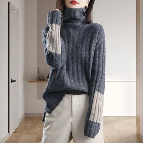Women Winter Autumn Sweater Turtleneck Neck Protection Long Sleeve Knitted Warm Thick Soft Pullover Color Block Patchwork Lady Sweater