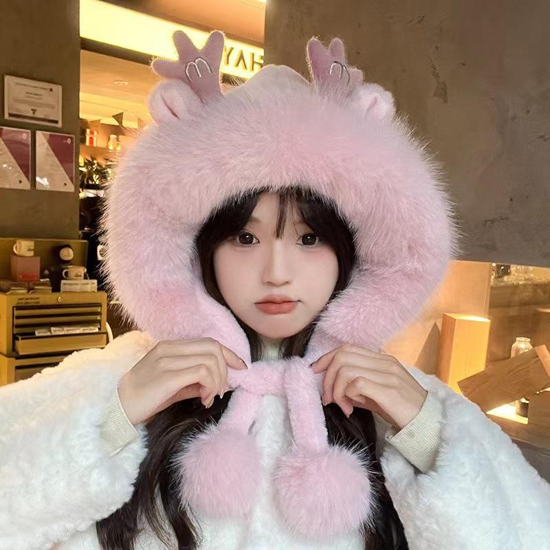 Рога плюшевые симпатичные шапки женские зимние утолщенные плюшевые теплые для езды на велосипеде холодные комки шерсти защита ушей с капюшоном