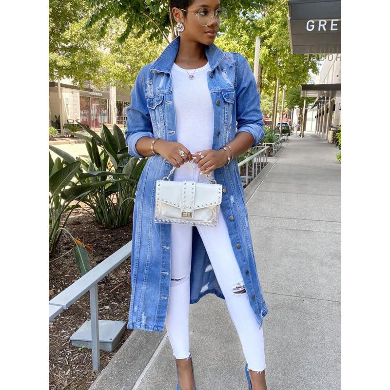 Women's Autumn and Winter Solid Color Long Ripped Button Denim Trench Coat
