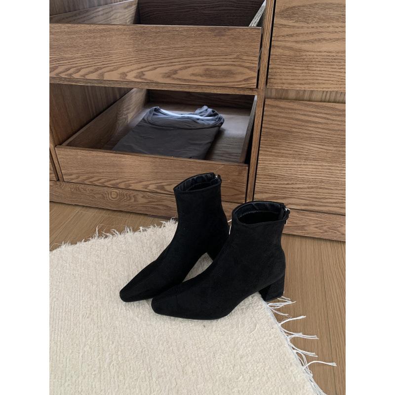 2025 New Suede Korean High-heeled Thick-heeled Square-headed Retro Martin Boots, Thin Boots for Women, Thin and Versatile Short Boots for Women