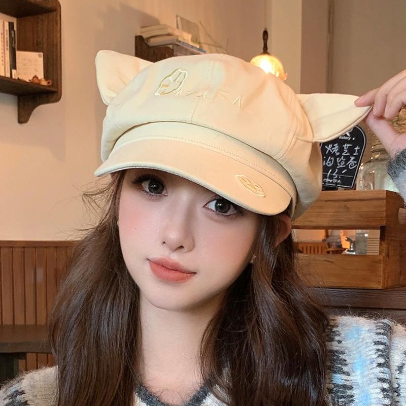 Cute cartoon cat ears star anise hat female spring and autumn big head circumference showing face small beret