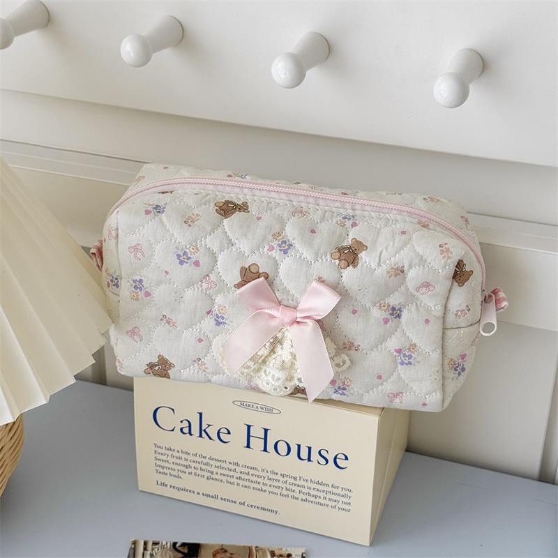 Милый медвежонок, сладкое сердце, бант, розовое кружево, косметичка, большая вместимость, портативная дорожная сумка для хранения, женский клатч, девчачьи косметички