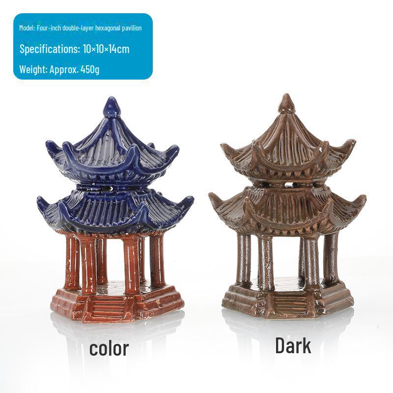 Ландшафтное оформление аквариума: Каменная скала и керамический павильон с водопоглощающим орнаментом для бонсай