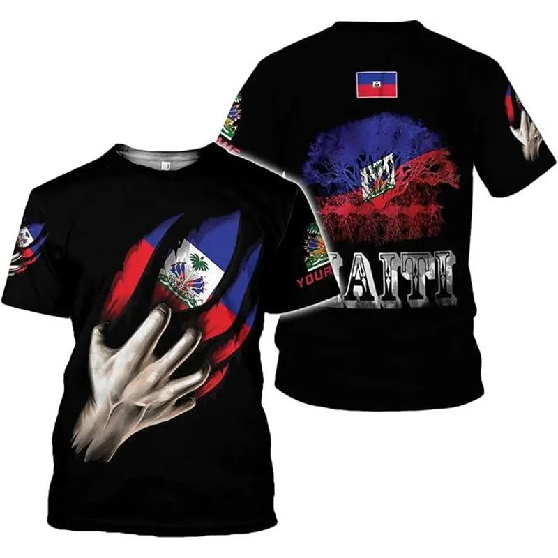 3D Printed Haitian Flag Pattern T-shirt For Men Haiti National Emblem Short Sleeves T Shirts New In Men's Crew Neck Tee Shirt