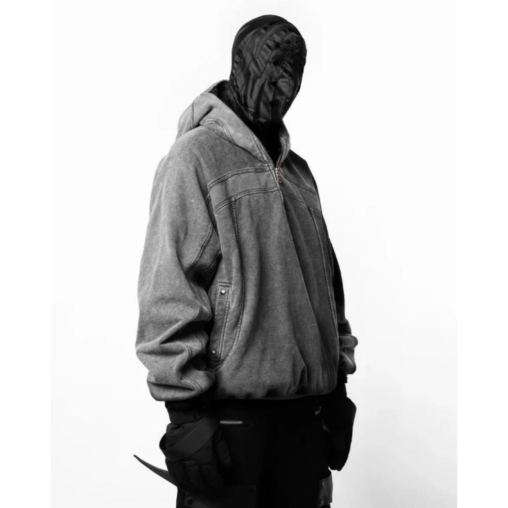 Худи-балаклава RogueWave Classic для мужчин, выстиранный серый, пуловер-свитшот в стиле ниндзя, хип-хоп, с вставками, y2k, винтажный, зимний, уличная одежда, парные топы