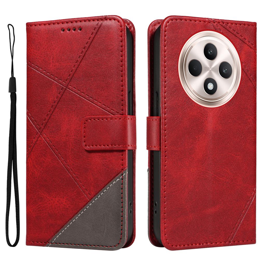 For Oppo Reno12 F 4G Case Leather Geometric Line Phone Cover Card Holder Wrist Strap