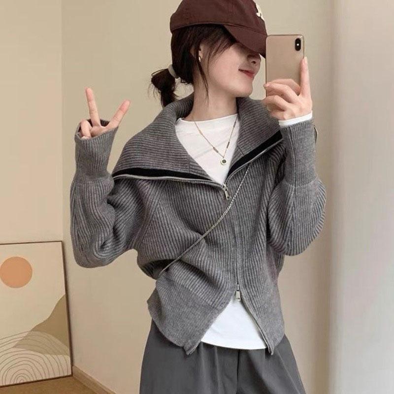 Женский свитер Design Sense с вырезом поло и молнией, кардиган, осень 2023, осень с длинными рукавами, трикотаж, свитер, кардиган, женские топы