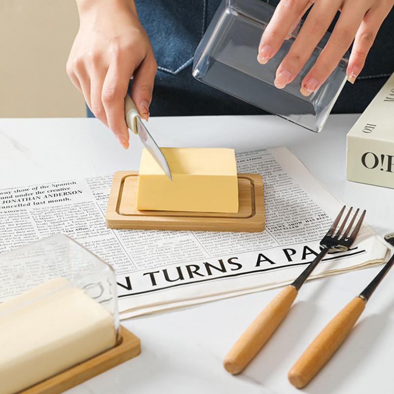 Countertop Bamboo Butter Dish Plate With Transparent Acrylic Lid Kitchen Storage Butter Container Box Butter Tableware
