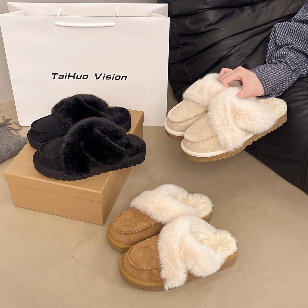 Тапочки Мао Мао женские носят новые удобные простые повседневные ленивые плюшевые тапочки-мешки с закрытым носком из шерсти сангпо женские