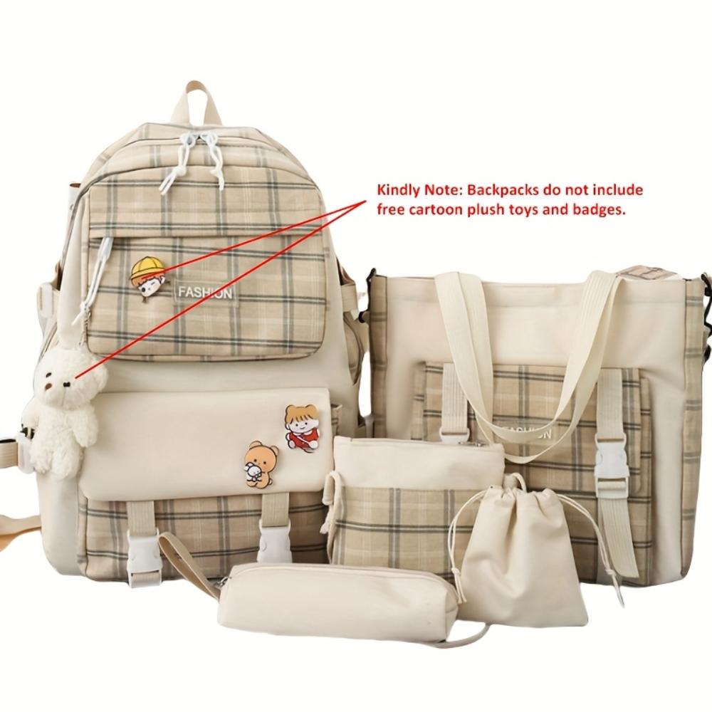 5 шт. мультяшный холщовый школьный рюкзак из пяти частей, повседневный простой рюкзак большой вместимости, дорожная сумка, для женщин, кошелек, сумка-мессенджер, сумочка (без кулона-мишки)