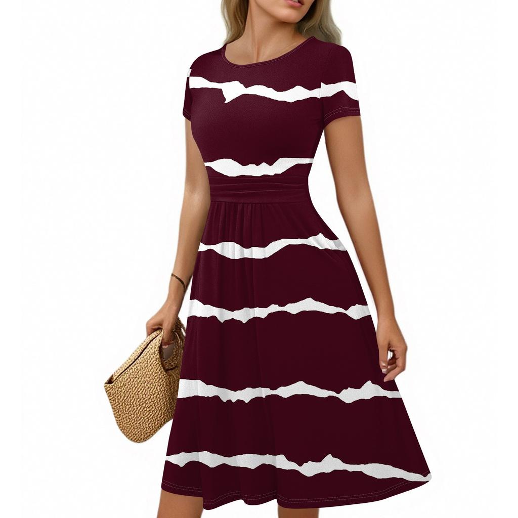 Женское повседневное модное платье миди А-силуэта с круглым вырезом, плиссированными короткими рукавами и ретро-цветочным принтом