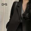 Женский костюм, пальто с лацканами, с длинным рукавом, однобортный пиджак, дизайн с карманами, однотонный, свободный крой, деловая верхняя одежда