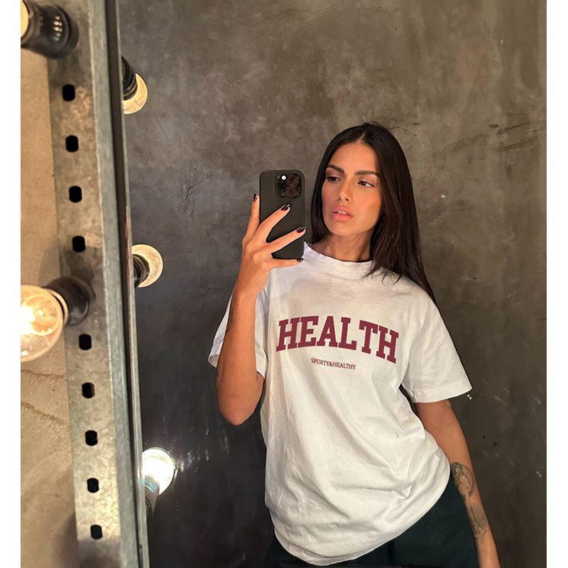 American Vintage Sports Style Health Letter Print Shoulder Niche Cotton Loose Short Sleeve T-shirt Women
