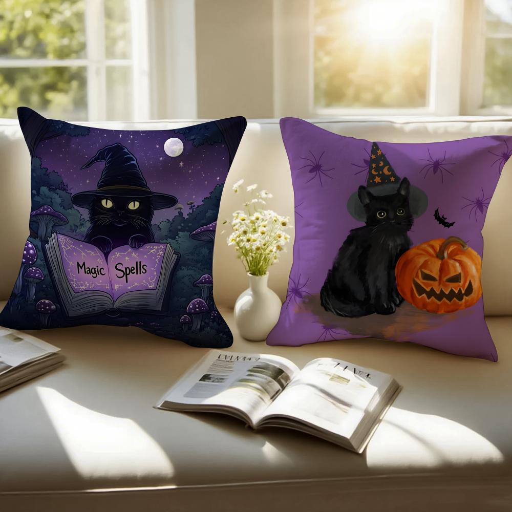Halloween Cute Purple Cat Cushion Cover Pillowcase Antidustmite Invisible Zipper Short Plush Sofa Cushion