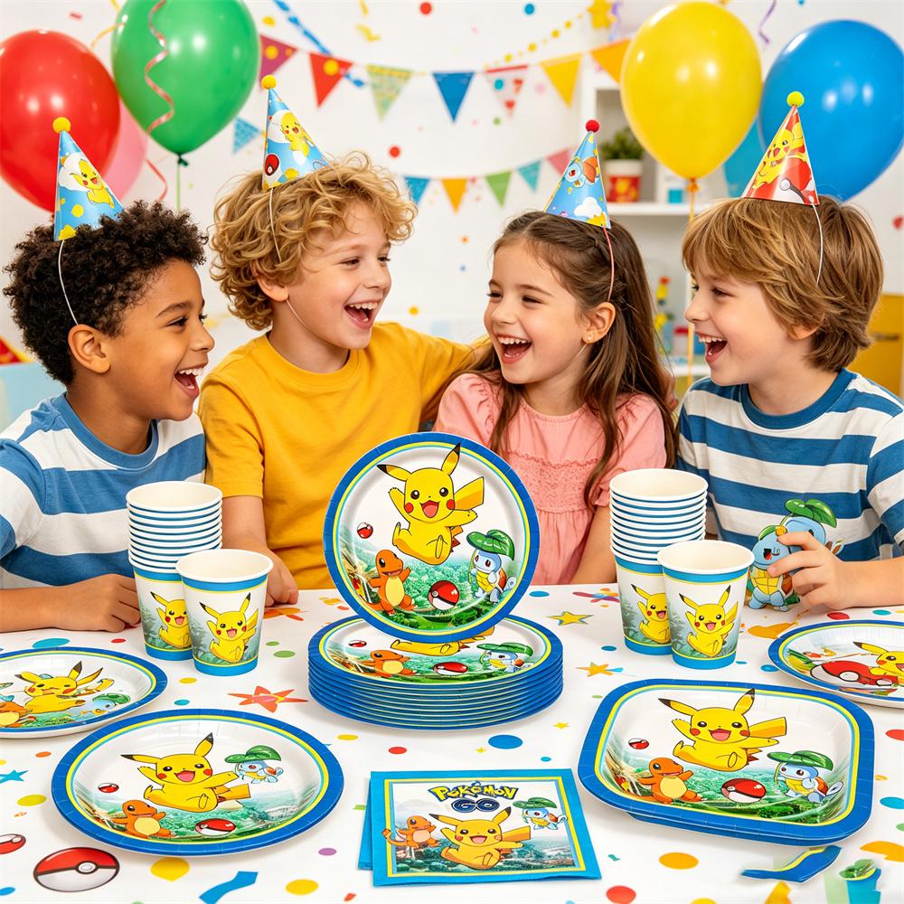 Cartoon Pikachu Birthday Party Decoration Kids Party Tableware Set Paper Cup Paper Plate Napkins Tablecloth Baby Shower Supplies