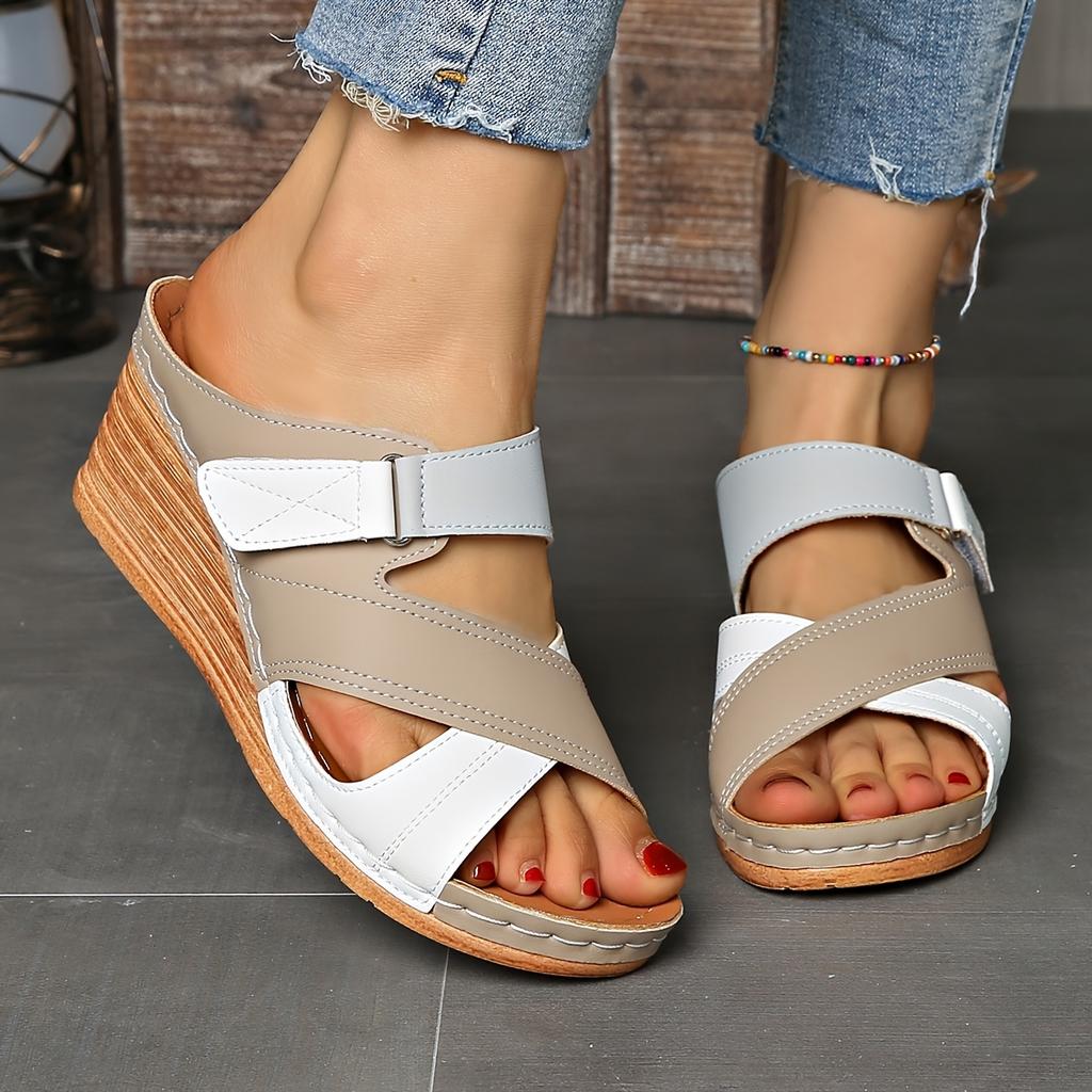 Ladies' Comfortable Color Blocked Sandals, Casual Buckle Open Toe Flat High Heels, Solid Color, Suitable for Summer Outdoor Shoes