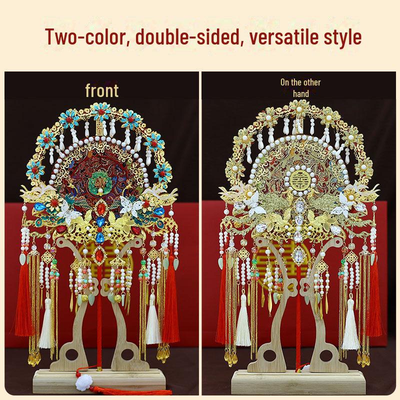 Красный кружевной свадебный круглый веер для одежды Xiuhe с двухсторонней маской своими руками - китайский стиль (9255)