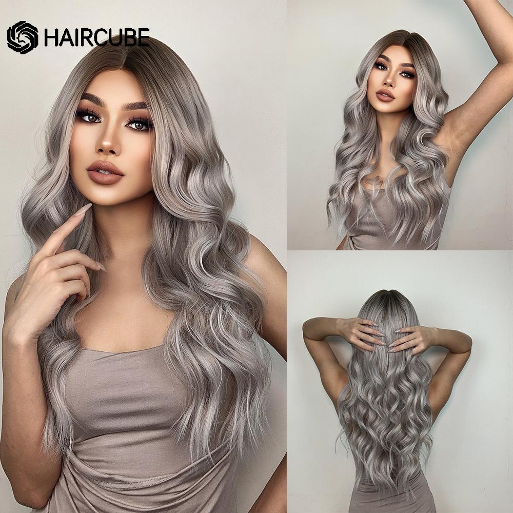 HAIRCUBE Белый Платиновый Смешанный Коричневый Синтетические Парики Длинные Волнистые Парики Из Натуральных Волос для Женщин Средняя Часть Ежедневные Термостойкие Парики