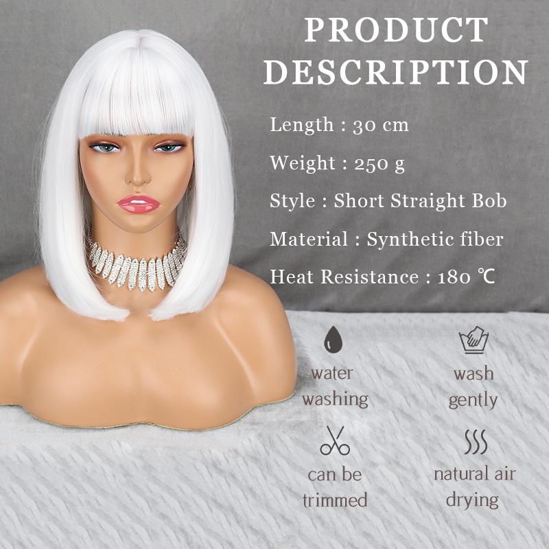 LISI HAIR Женская мода Короткий чистый белый прямой парик Боб с челкой Синтетическое волокно Длина до плеч Прямой парик Боб Белый Серебряный парик