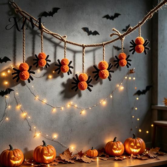 Wall Ornament for Home 78 Inch Halloween Hanging Spider Banner, Mini Black Orange Plush Window Sign Pom Garland Party, Fireplace, Decor Decoration