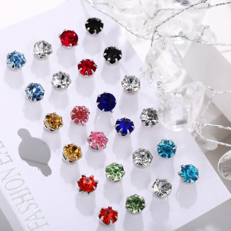 12 пар/набор Женские красочные серьги-гвоздики со стразами Круглые хрустальные простые серьги Ювелирный набор