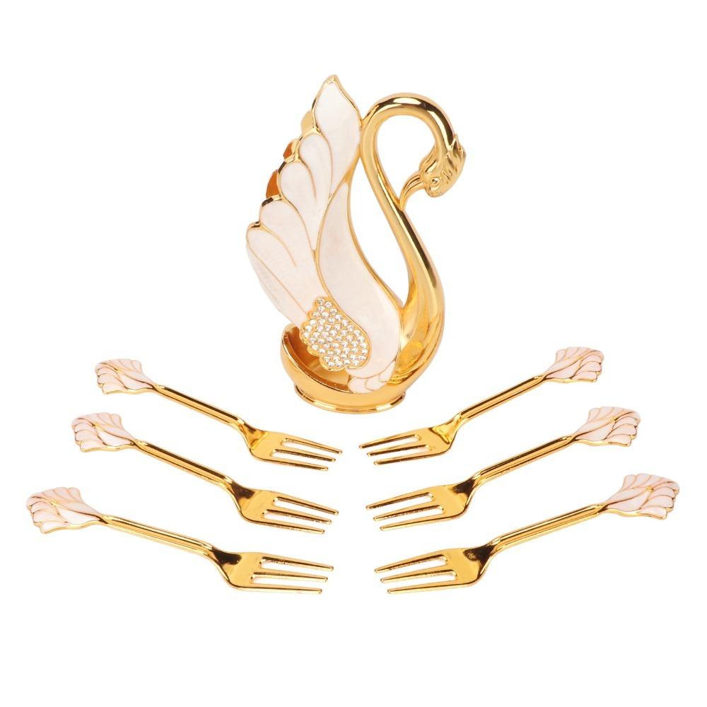 7pcs Zinc Alloy Swan Base Holder Golden 6 Teaspoons Coffee Dinnerware Set Mirror Finish Dessert Spoon Set For Bistros Bars