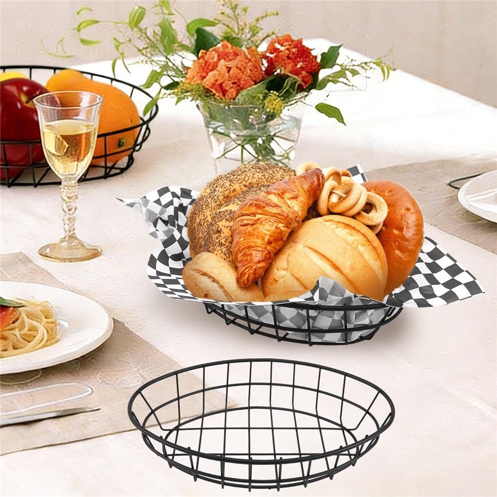 12-piece set of black wire bread baskets with 100 sheets of checkered deli paper liner – 9.65" x 6.1" x 2.2" metal fast food tray