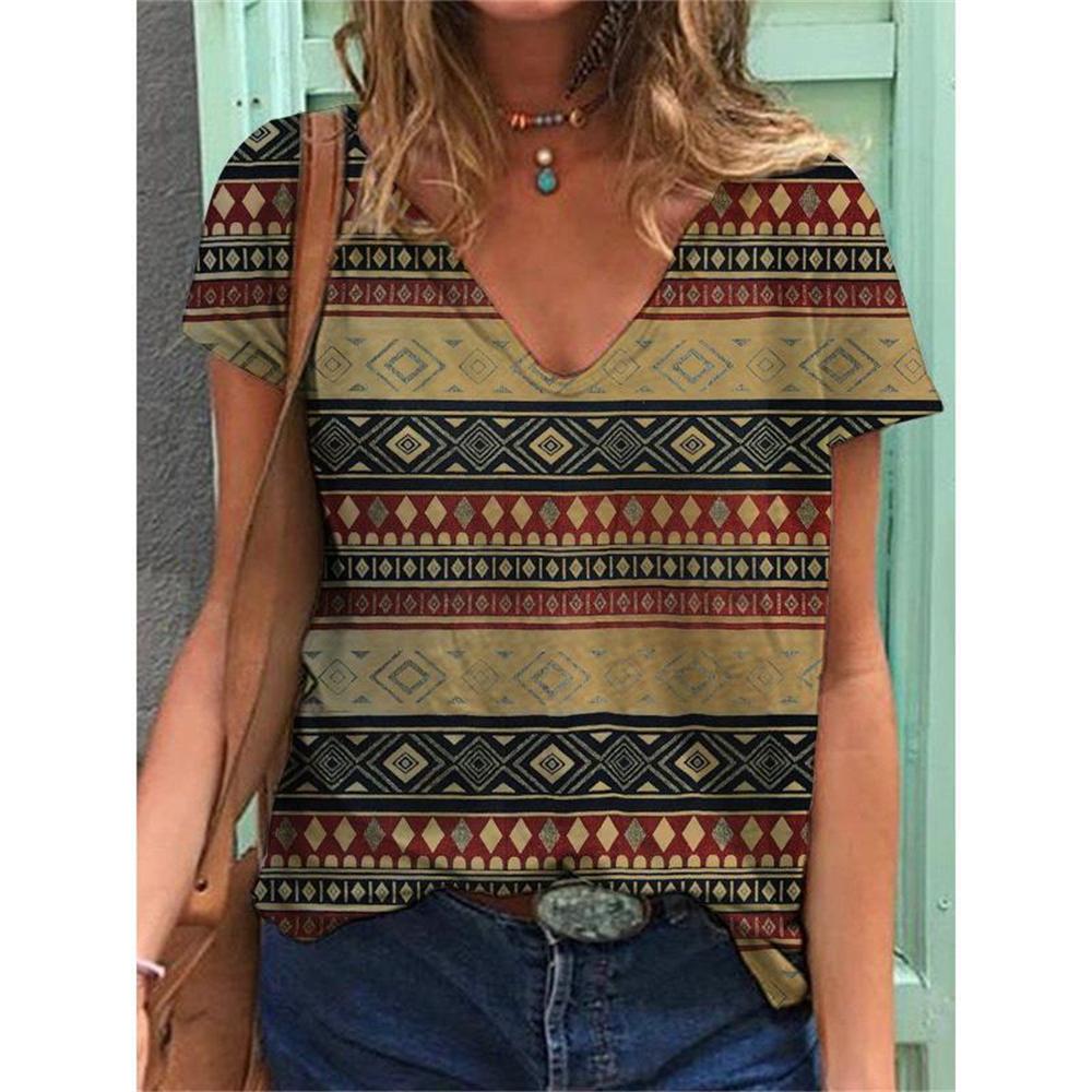 Geometric Graphics 3D Print T-Shirts Women Ethnic Style Vintage Streetwear T Shirt Y2k Tops Woman V-Neck Tees Oversized Clothing