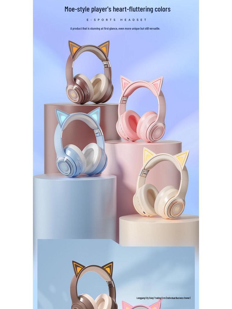 Светящиеся беспроводные Bluetooth накладные наушники с кошачьими ушками 2025 - Игровые и спортивные, Тяжелый бас, Совместимы с мобильными устройствами и ПК