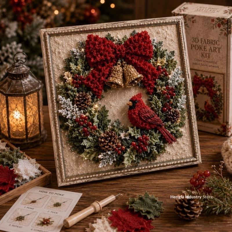 Vintage Christmas 3D Fabric Poke Art Kit With Frame Retro Aesthetic Easy Tutorial For Diy Craft Lovers Christmas Home Decoration