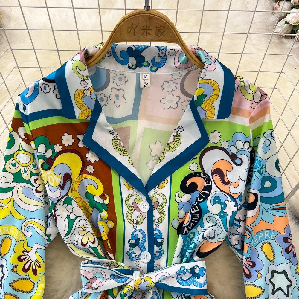 Runway Designer Vintage Pant Two Piece Set for Women Cyanotype Printed Blazer Shirt Trousers Suit