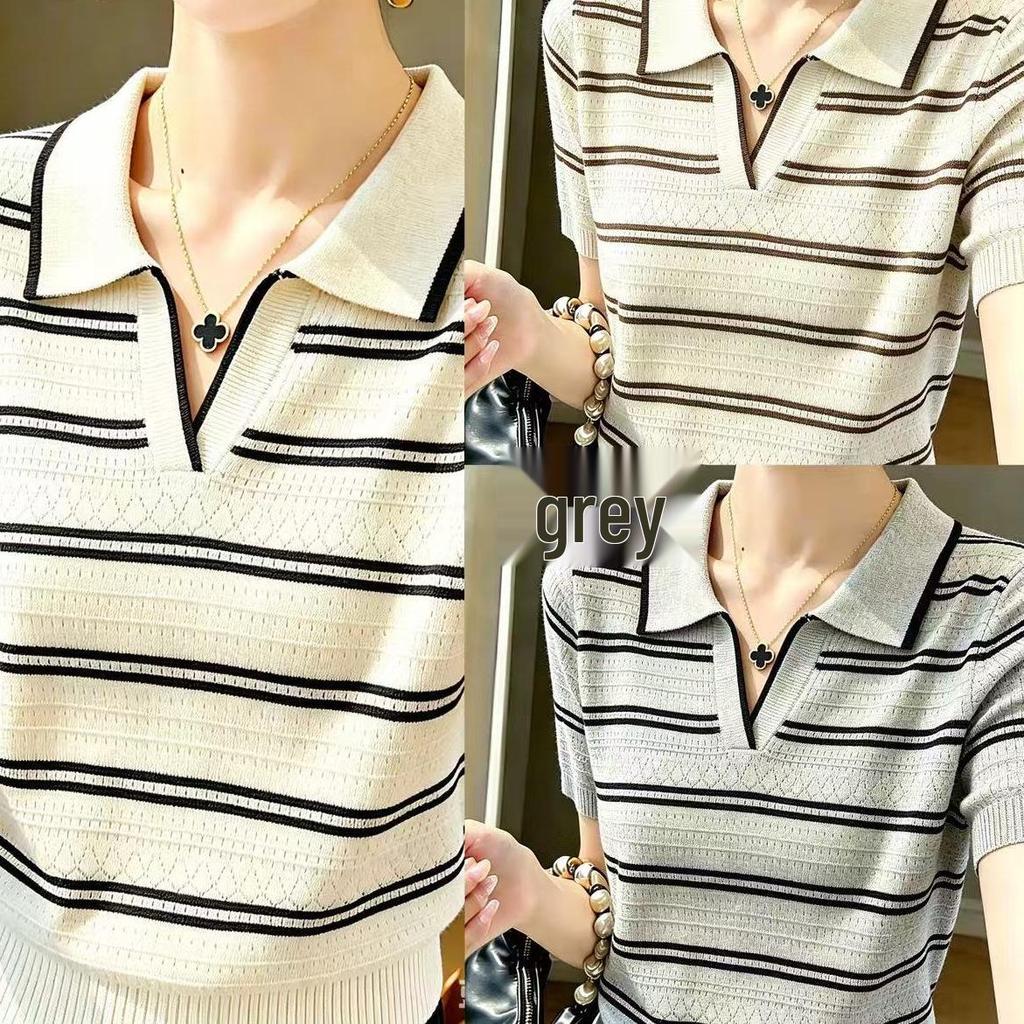 Stylish Contrast Color Knit Short Sleeve Top – Youthful, Slimming, and Fashionable