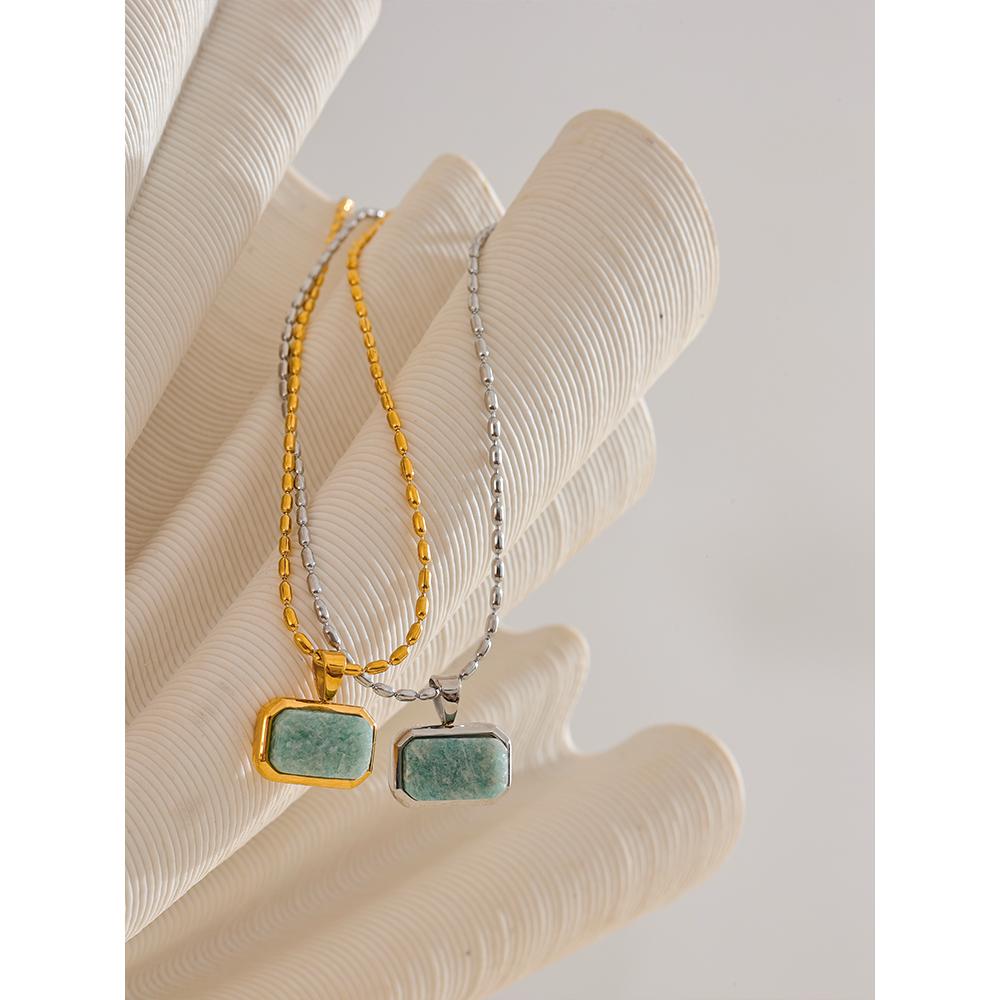 Yhpup Amazonite Square Natural Stone Stylish Pendant Stainless Steel Necklace Chic Exclusive Waterproof High Quality Jewelry