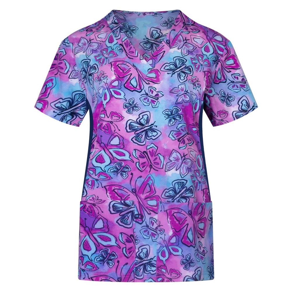 Женские топы с короткими рукавами и карманами, рабочая униформа, футболки с принтом «Цветок и кошка», униформа, халаты с короткими рукавами для женщин