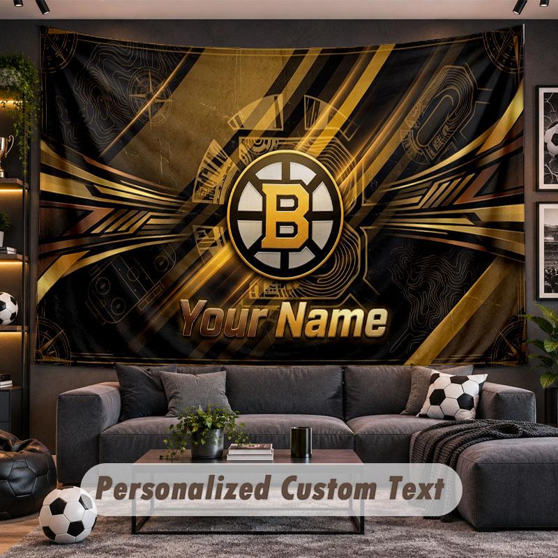 Wall Hanging Tapestry Custom NameBoston Bruins Pattern Personalized Printed Fabric Wall Decor