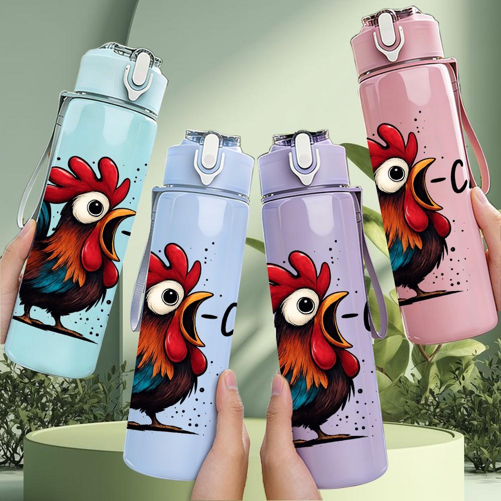 1PC Rooster Caw Letter Illustration 750ml Color Plastic Sports Water Bottle Leakproof Flip Straw Lid Suitable for Sports Office Home Use