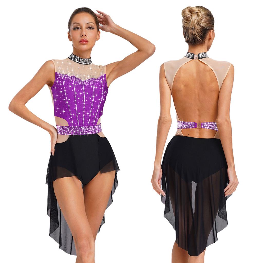 Женское лирическое танцевальное платье с воротником-стойкой, без рукавов, с открытой спиной, с блестящими стразами, цветное блочное, сетчатое