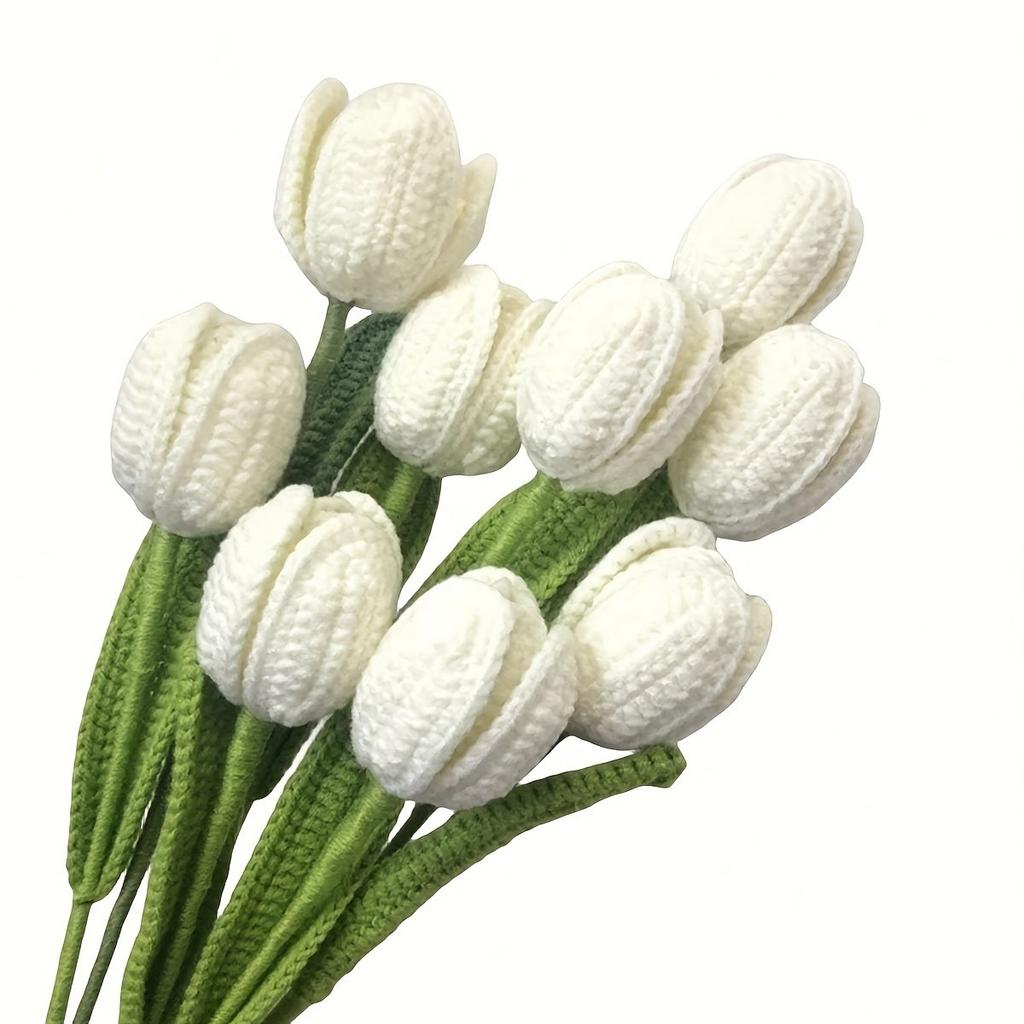 6 Pcs Forever Flowers Fake Tulips Artificial Flower Bouquet for Decoration Tulip Crochet Bouquet for Table Decor Handmade with Stem & Leaf Tulip
